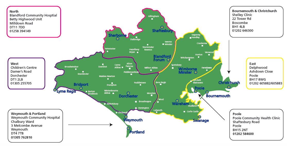 Dorset map showing the CAMHS teams